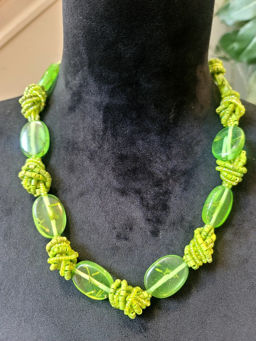 Lime Green Acrylic Oval Bead Statement Necklace Knotted Cord Chunky Boho